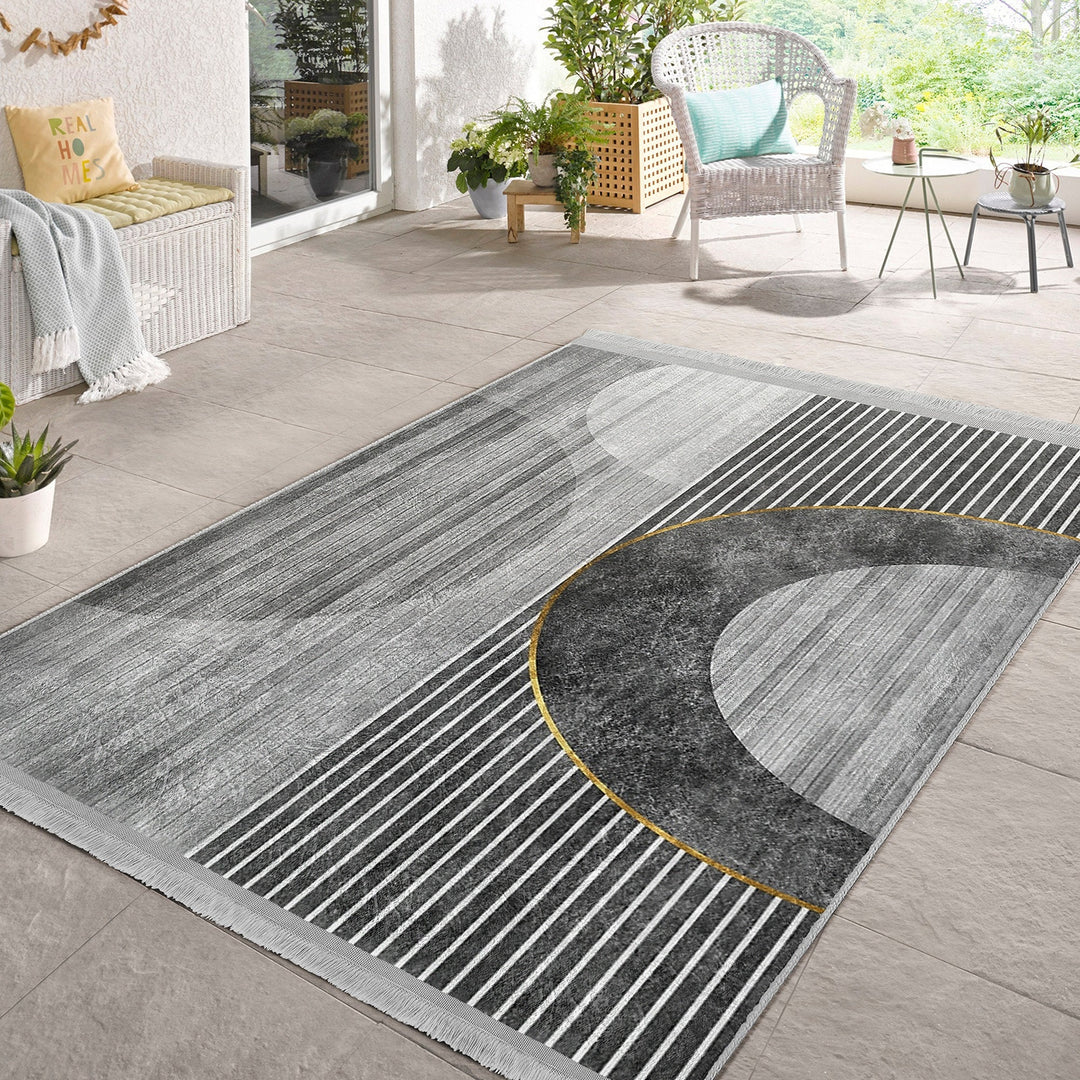 Gray Abstract Rug|Boho Area Carpet|Machine-Washable Fringed Non-Slip Rug|Geometric Living Room Rug|Modern Multi-Purpose Anti-Slip Carpet