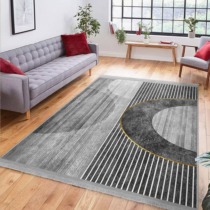 Gray Abstract Rug|Boho Area Carpet|Machine-Washable Fringed Non-Slip Rug|Geometric Living Room Rug|Modern Multi-Purpose Anti-Slip Carpet