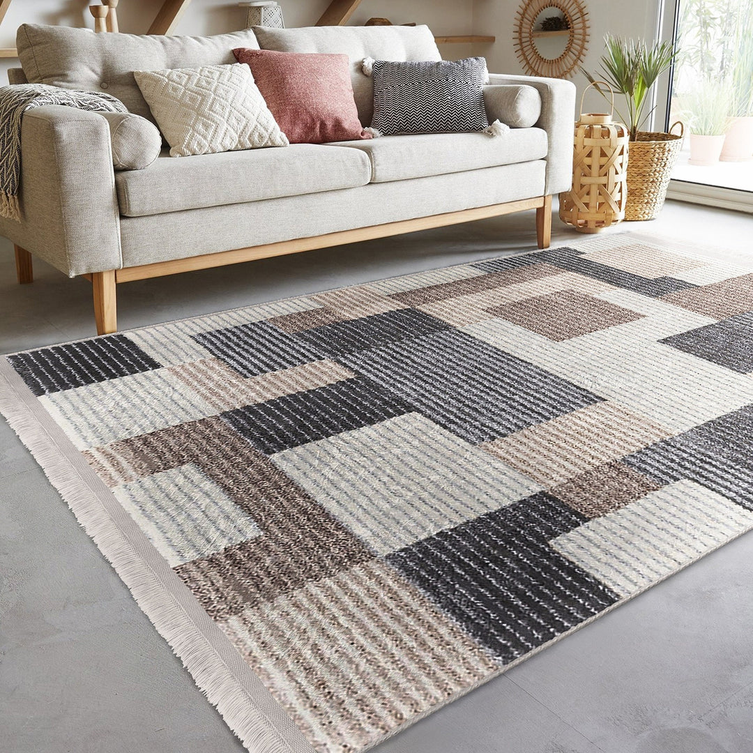 Abstract Striped Rug|Bohemian Area Carpet|Machine-Washable Fringed Non-Slip Rug|Decorative Multi-Purpose Anti-Slip Carpet|Living Room Rug