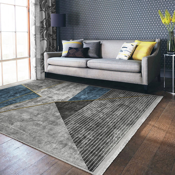 Abstract Gray Rug|Geometric Carpet|Machine-Washable Fringed Non-Slip Rug|Farmhouse Multi-Purpose Anti-Slip Carpet|Boho Style Living Room Rug