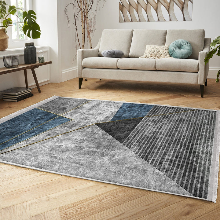 Abstract Gray Rug|Geometric Carpet|Machine-Washable Fringed Non-Slip Rug|Farmhouse Multi-Purpose Anti-Slip Carpet|Boho Style Living Room Rug