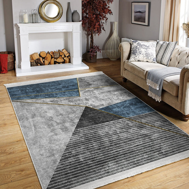 Abstract Gray Rug|Geometric Carpet|Machine-Washable Fringed Non-Slip Rug|Farmhouse Multi-Purpose Anti-Slip Carpet|Boho Style Living Room Rug