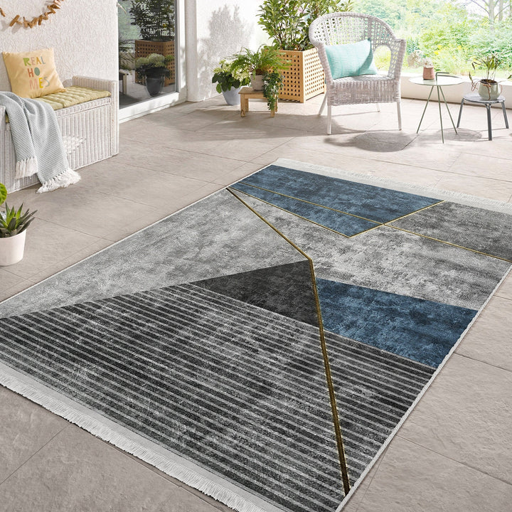 Abstract Gray Rug|Geometric Carpet|Machine-Washable Fringed Non-Slip Rug|Farmhouse Multi-Purpose Anti-Slip Carpet|Boho Style Living Room Rug