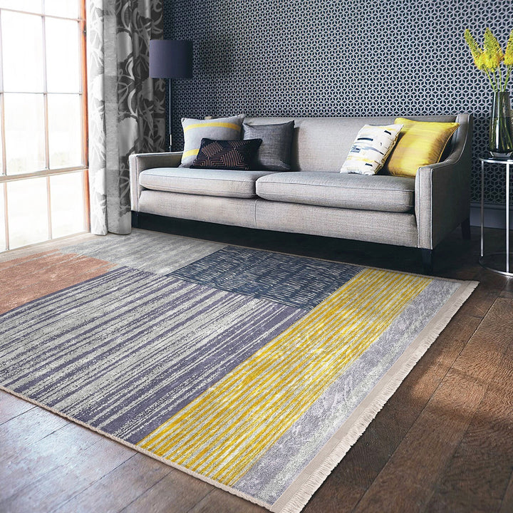 Abstract Pattern Rug|Gray Yellow Carpet|Machine-Washable Fringed Non-Slip Rug|Modern Multi-Purpose Anti-Slip Carpet|Bohemian Living Room Rug