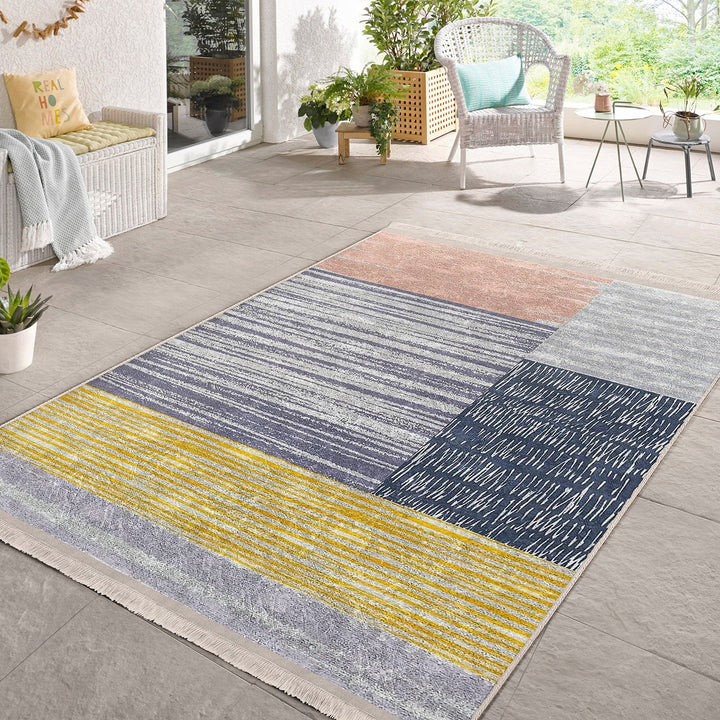 Abstract Pattern Rug|Gray Yellow Carpet|Machine-Washable Fringed Non-Slip Rug|Modern Multi-Purpose Anti-Slip Carpet|Bohemian Living Room Rug