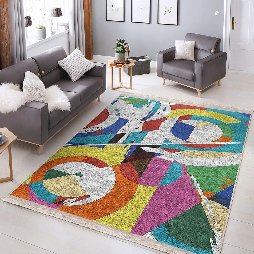 Abstract Pattern Rug|Boho Style Carpet|Machine-Washable Fringed Non-Slip Rug|Modern Multi-Purpose Anti-Slip Carpet|Colorful Living Room Rug