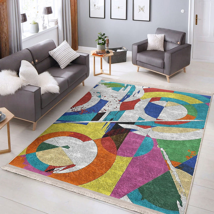 Abstract Pattern Rug|Boho Style Carpet|Machine-Washable Fringed Non-Slip Rug|Modern Multi-Purpose Anti-Slip Carpet|Colorful Living Room Rug