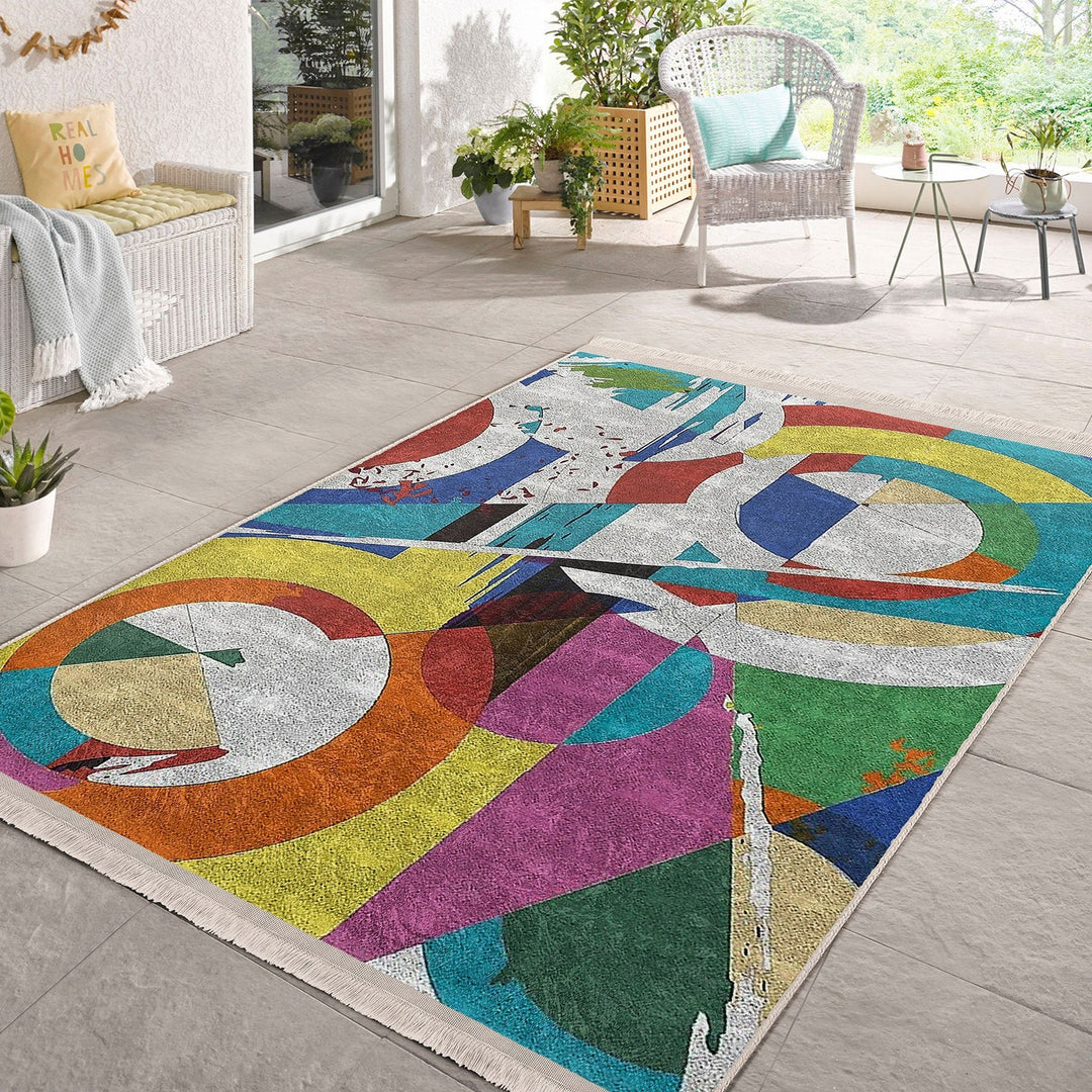 Abstract Pattern Rug|Boho Style Carpet|Machine-Washable Fringed Non-Slip Rug|Modern Multi-Purpose Anti-Slip Carpet|Colorful Living Room Rug