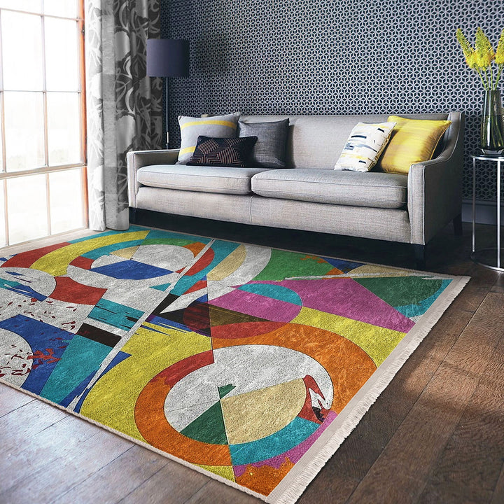 Abstract Pattern Rug|Boho Style Carpet|Machine-Washable Fringed Non-Slip Rug|Modern Multi-Purpose Anti-Slip Carpet|Colorful Living Room Rug