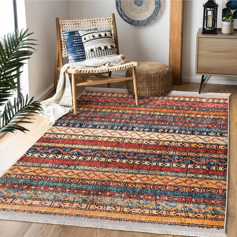 Hereke Pattern Rug|Rustic Design Farmhouse Carpet|Machine-Washable Fringed Non-Slip Rug|Ethnic Multi-Purpose Anti-Slip Geometric Carpet