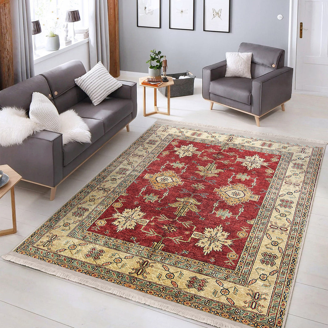 Traditional Area Rug|Ethnic Multi-Purpose Anti-Slip Geometric Carpet|Rustic Design Farmhouse Carpet|Machine-Washable Fringed Non-Slip Rug