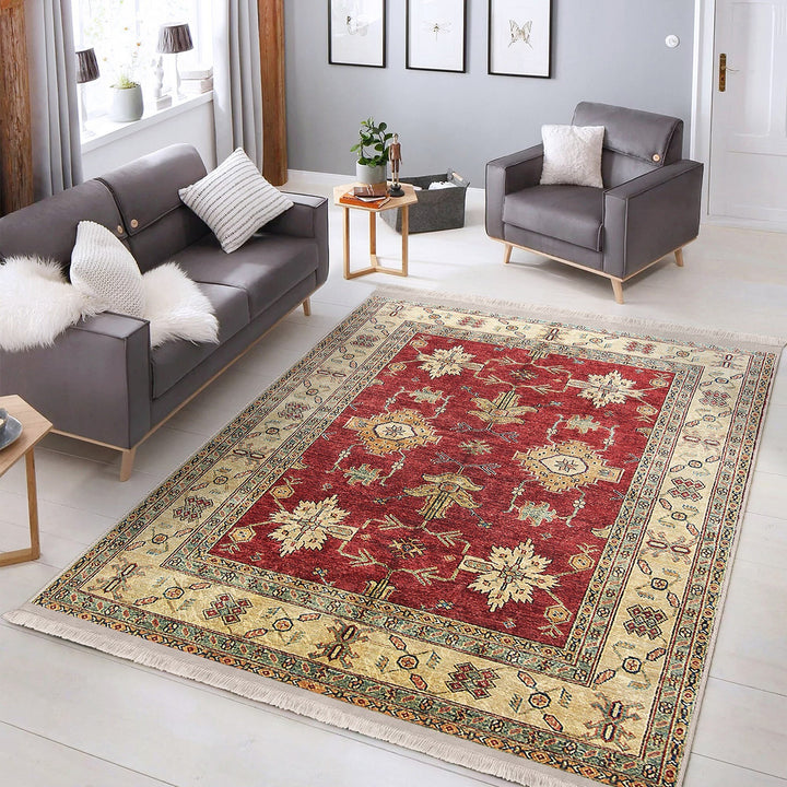 Traditional Area Rug|Ethnic Multi-Purpose Anti-Slip Geometric Carpet|Rustic Design Farmhouse Carpet|Machine-Washable Fringed Non-Slip Rug