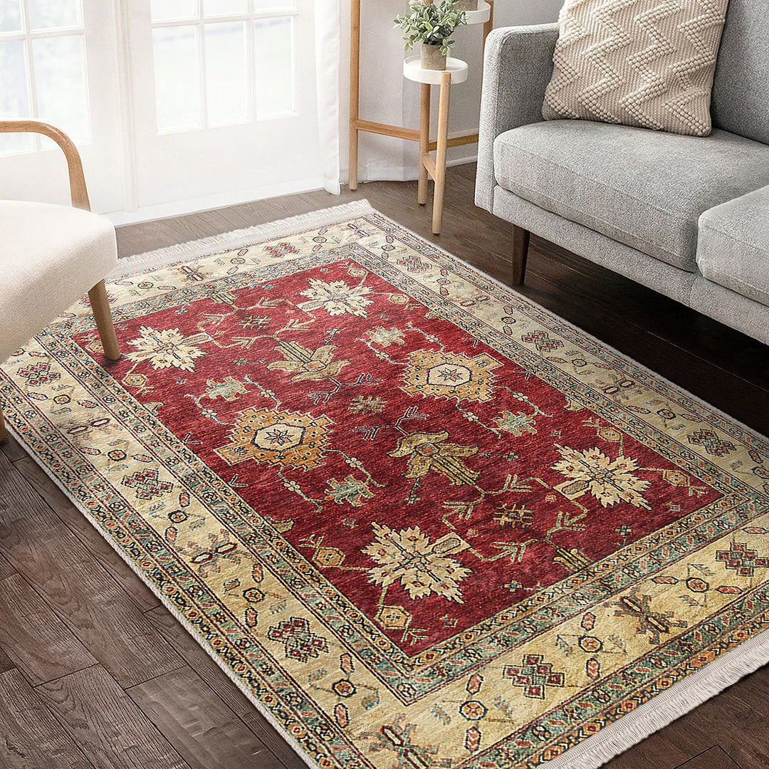 Traditional Area Rug|Ethnic Multi-Purpose Anti-Slip Geometric Carpet|Rustic Design Farmhouse Carpet|Machine-Washable Fringed Non-Slip Rug