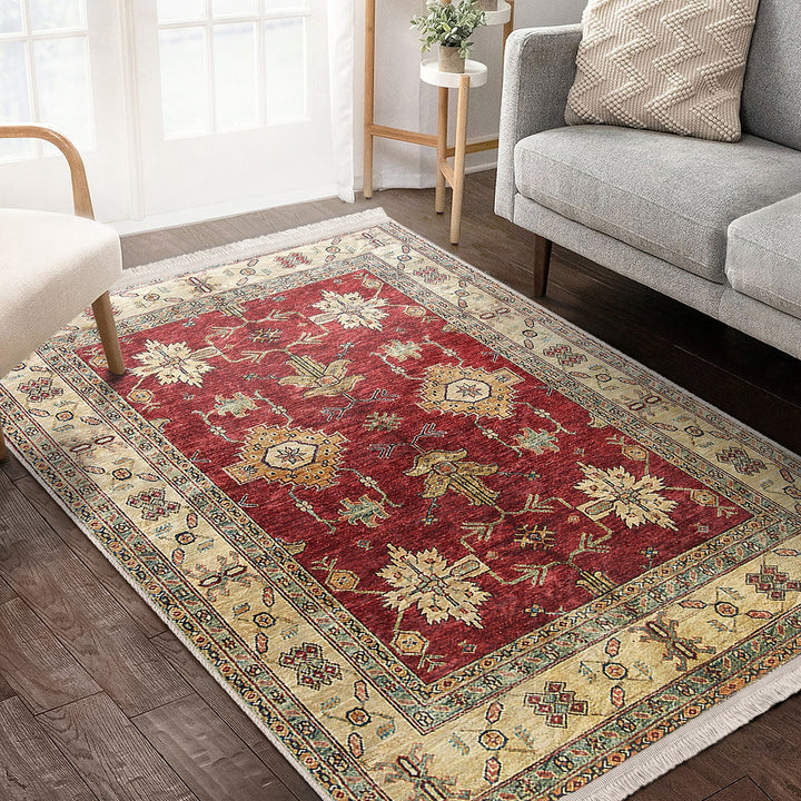 Traditional Area Rug|Ethnic Multi-Purpose Anti-Slip Geometric Carpet|Rustic Design Farmhouse Carpet|Machine-Washable Fringed Non-Slip Rug