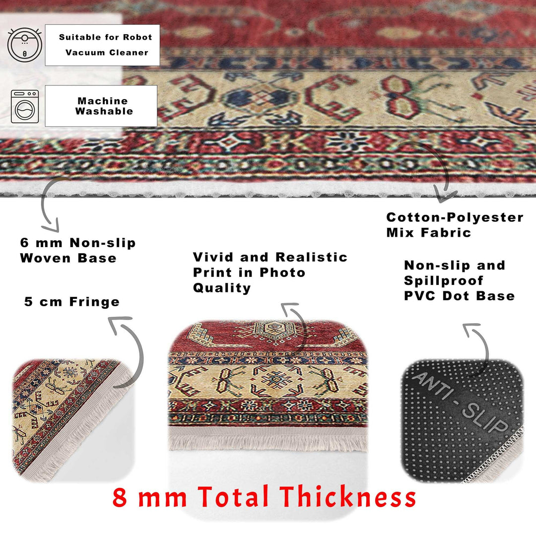 Hereke Pattern Rug|Ethnic Farmhouse Carpet|Machine-Washable Fringed Non-Slip Rug|Rustic Design Multi-Purpose Anti-Slip Geometric Carpet