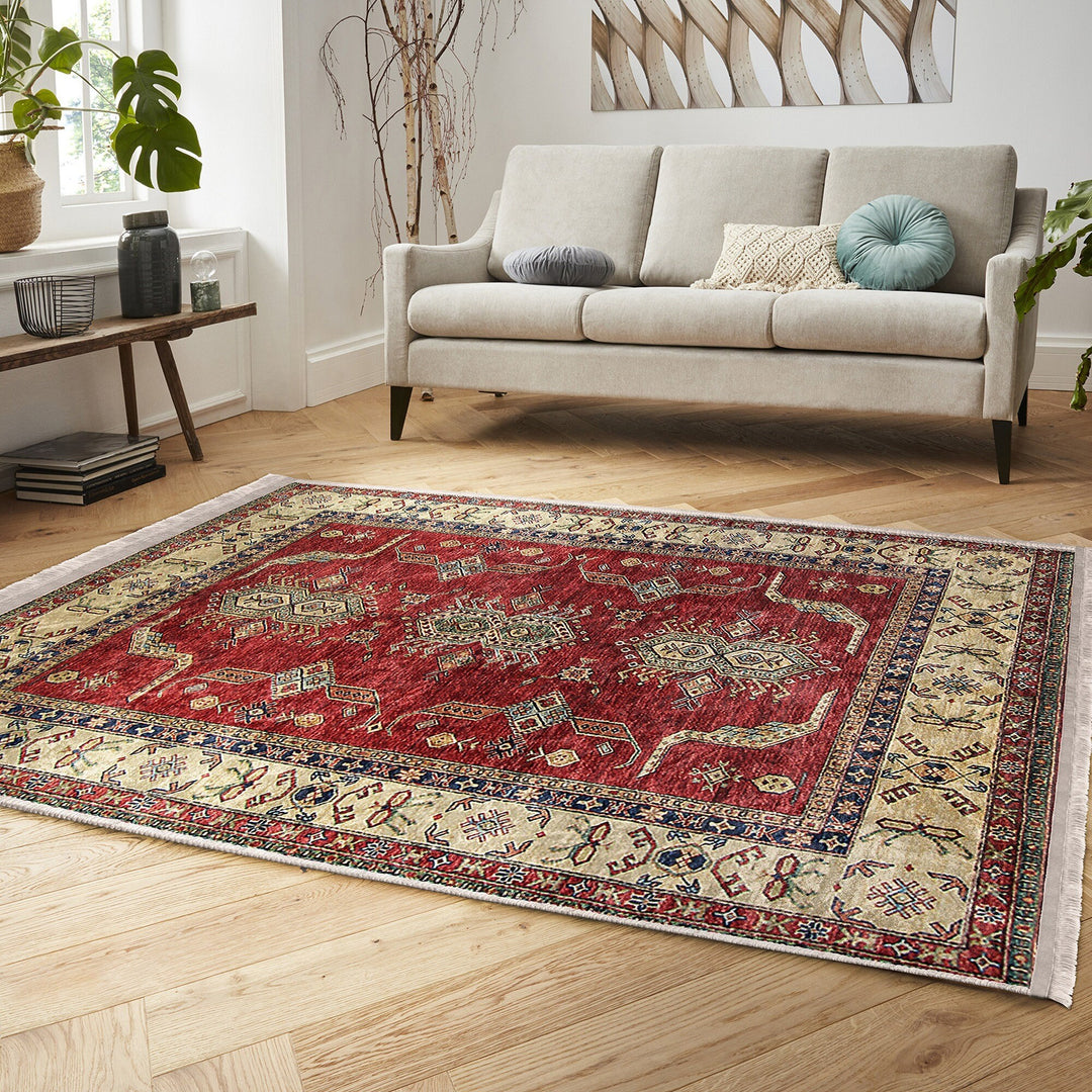 Hereke Pattern Rug|Ethnic Farmhouse Carpet|Machine-Washable Fringed Non-Slip Rug|Rustic Design Multi-Purpose Anti-Slip Geometric Carpet