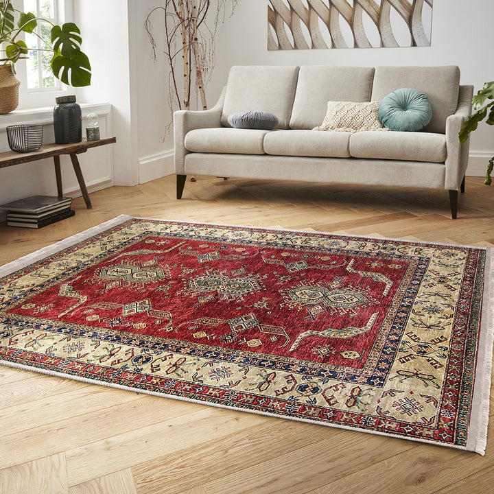 Hereke Pattern Rug|Ethnic Farmhouse Carpet|Machine-Washable Fringed Non-Slip Rug|Rustic Design Multi-Purpose Anti-Slip Geometric Carpet