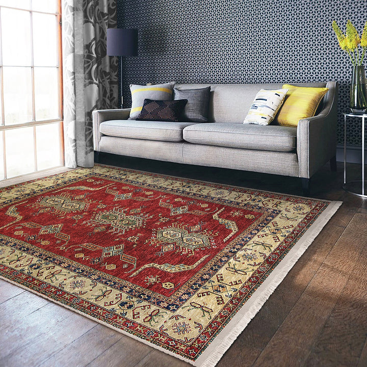 Hereke Pattern Rug|Ethnic Farmhouse Carpet|Machine-Washable Fringed Non-Slip Rug|Rustic Design Multi-Purpose Anti-Slip Geometric Carpet