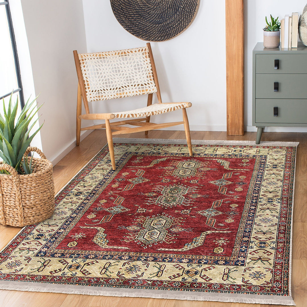 Hereke Pattern Rug|Ethnic Farmhouse Carpet|Machine-Washable Fringed Non-Slip Rug|Rustic Design Multi-Purpose Anti-Slip Geometric Carpet