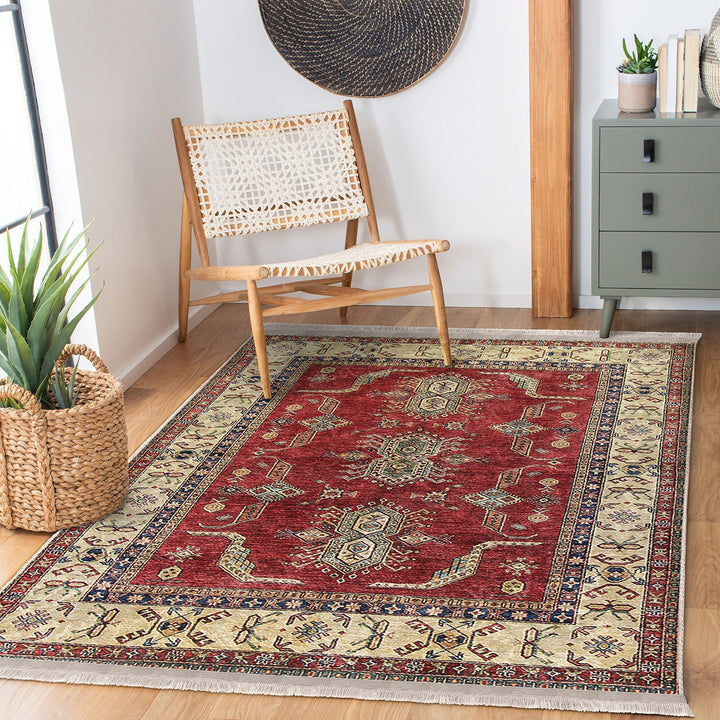 Hereke Pattern Rug|Ethnic Farmhouse Carpet|Machine-Washable Fringed Non-Slip Rug|Rustic Design Multi-Purpose Anti-Slip Geometric Carpet