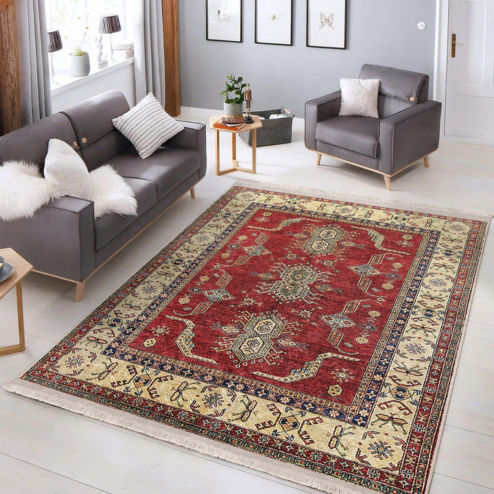 Hereke Pattern Rug|Ethnic Farmhouse Carpet|Machine-Washable Fringed Non-Slip Rug|Rustic Design Multi-Purpose Anti-Slip Geometric Carpet