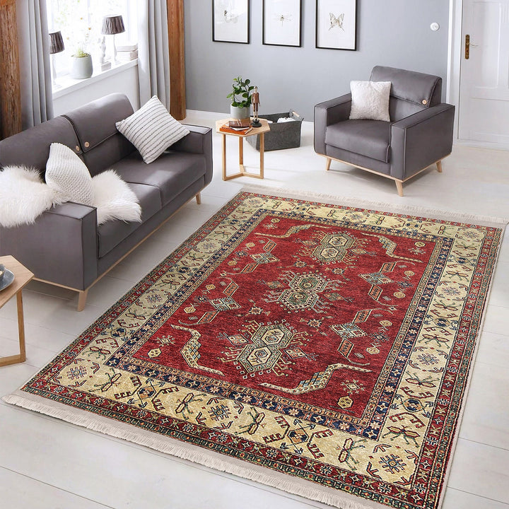 Hereke Pattern Rug|Ethnic Farmhouse Carpet|Machine-Washable Fringed Non-Slip Rug|Rustic Design Multi-Purpose Anti-Slip Geometric Carpet