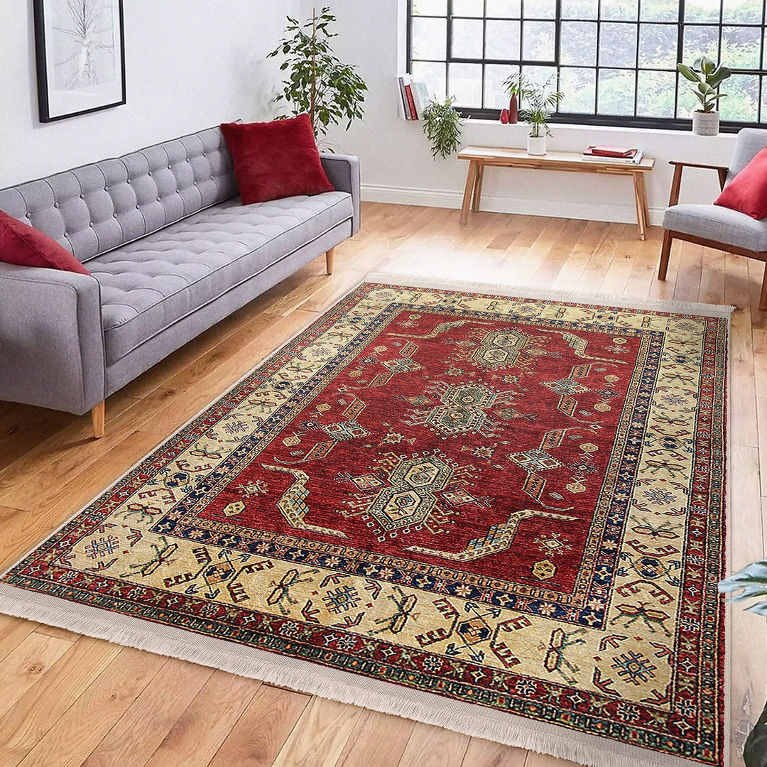 Hereke Pattern Rug|Ethnic Farmhouse Carpet|Machine-Washable Fringed Non-Slip Rug|Rustic Design Multi-Purpose Anti-Slip Geometric Carpet