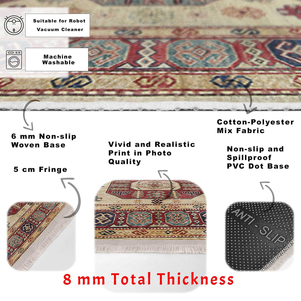 Ottoman Style Rug|Rustic Design Farmhouse Carpet|Machine-Washable Fringed Non-Slip Rug|Ethnic Multi-Purpose Anti-Slip Geometric Carpet