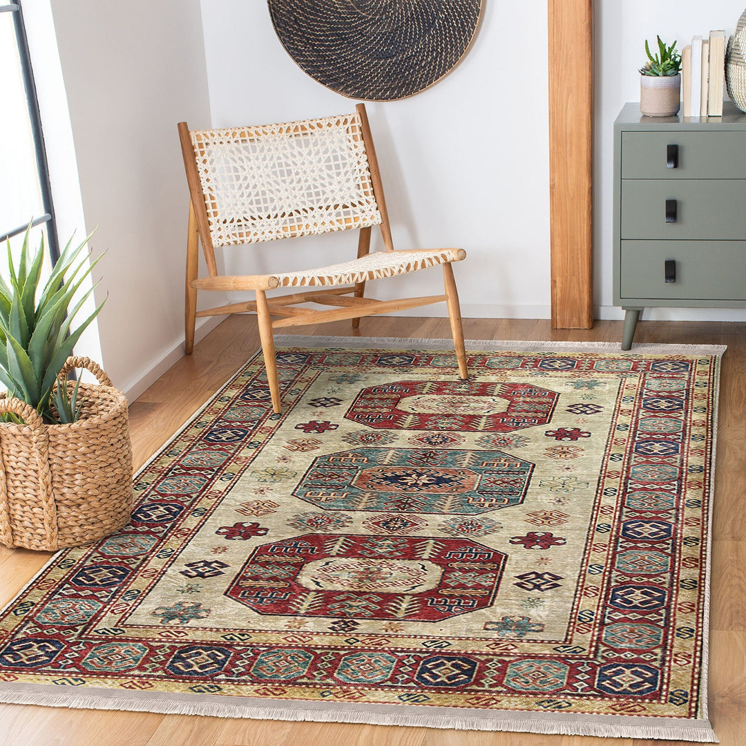 Ottoman Style Rug|Rustic Design Farmhouse Carpet|Machine-Washable Fringed Non-Slip Rug|Ethnic Multi-Purpose Anti-Slip Geometric Carpet