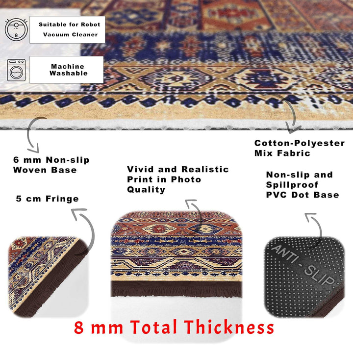 Hereke Pattern Rug|Kilim Design Farmhouse Carpet|Machine-Washable Fringed Non-Slip Rug|Ethnic Multi-Purpose Anti-Slip Anatolian Carpet