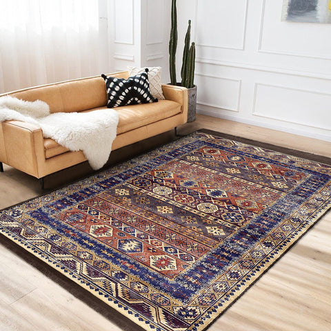 Hereke Pattern Rug|Kilim Design Farmhouse Carpet|Machine-Washable Fringed Non-Slip Rug|Ethnic Multi-Purpose Anti-Slip Anatolian Carpet