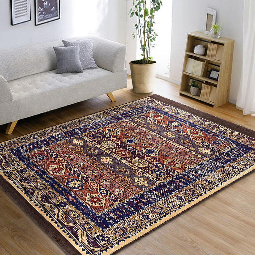 Hereke Pattern Rug|Kilim Design Farmhouse Carpet|Machine-Washable Fringed Non-Slip Rug|Ethnic Multi-Purpose Anti-Slip Anatolian Carpet