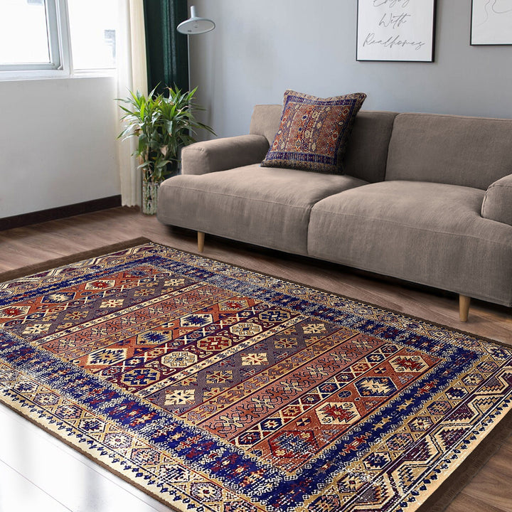 Hereke Pattern Rug|Kilim Design Farmhouse Carpet|Machine-Washable Fringed Non-Slip Rug|Ethnic Multi-Purpose Anti-Slip Anatolian Carpet