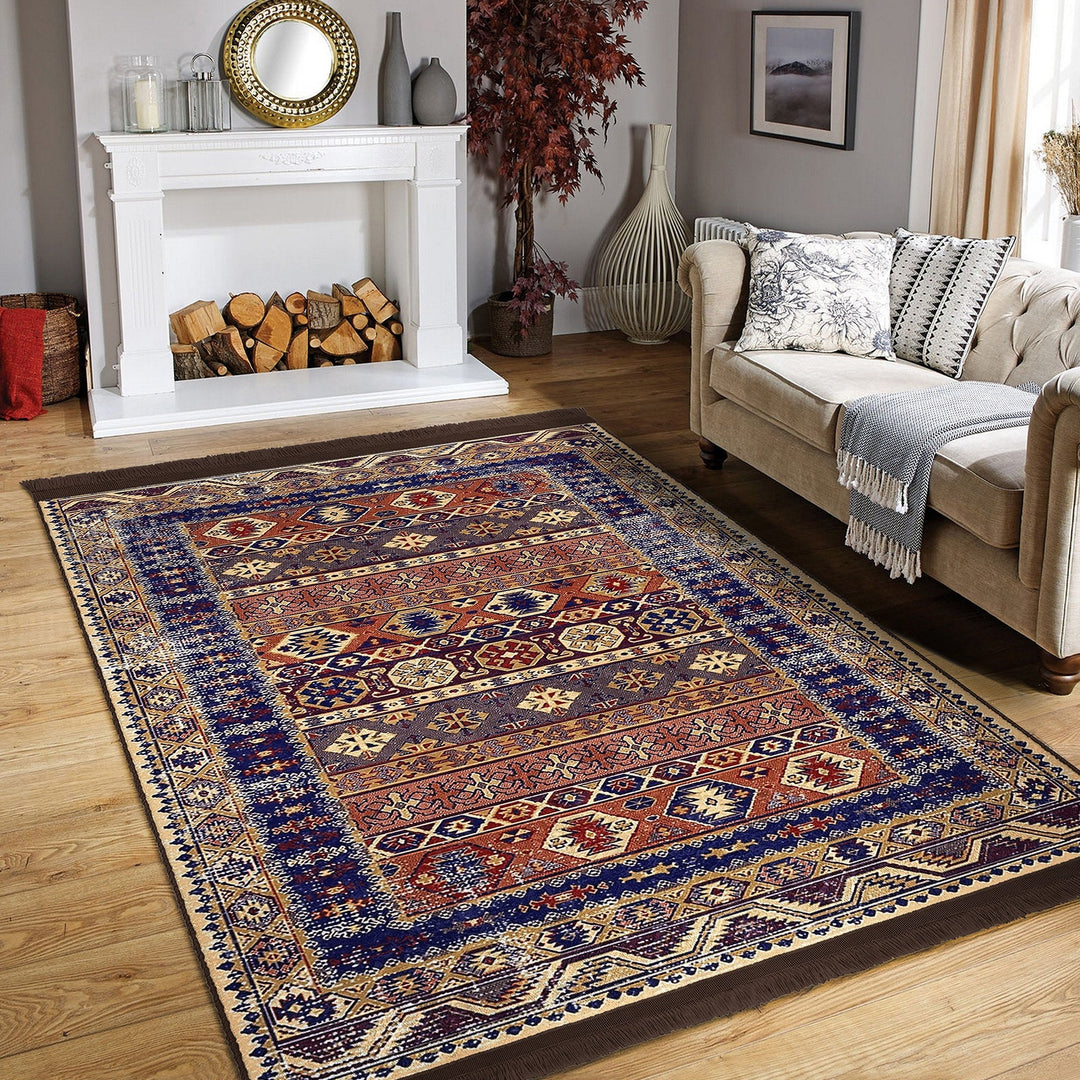 Hereke Pattern Rug|Kilim Design Farmhouse Carpet|Machine-Washable Fringed Non-Slip Rug|Ethnic Multi-Purpose Anti-Slip Anatolian Carpet