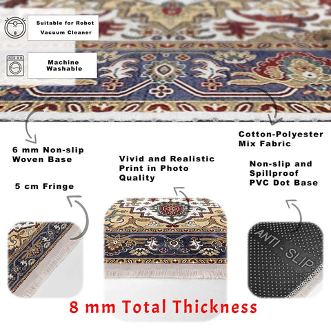 Hereke Pattern Rug|Farmhouse Ottoman Carpet|Machine-Washable Fringed Non-Slip Rug|Ethnic Multi-Purpose Anti-Slip Rustic Design Carpet