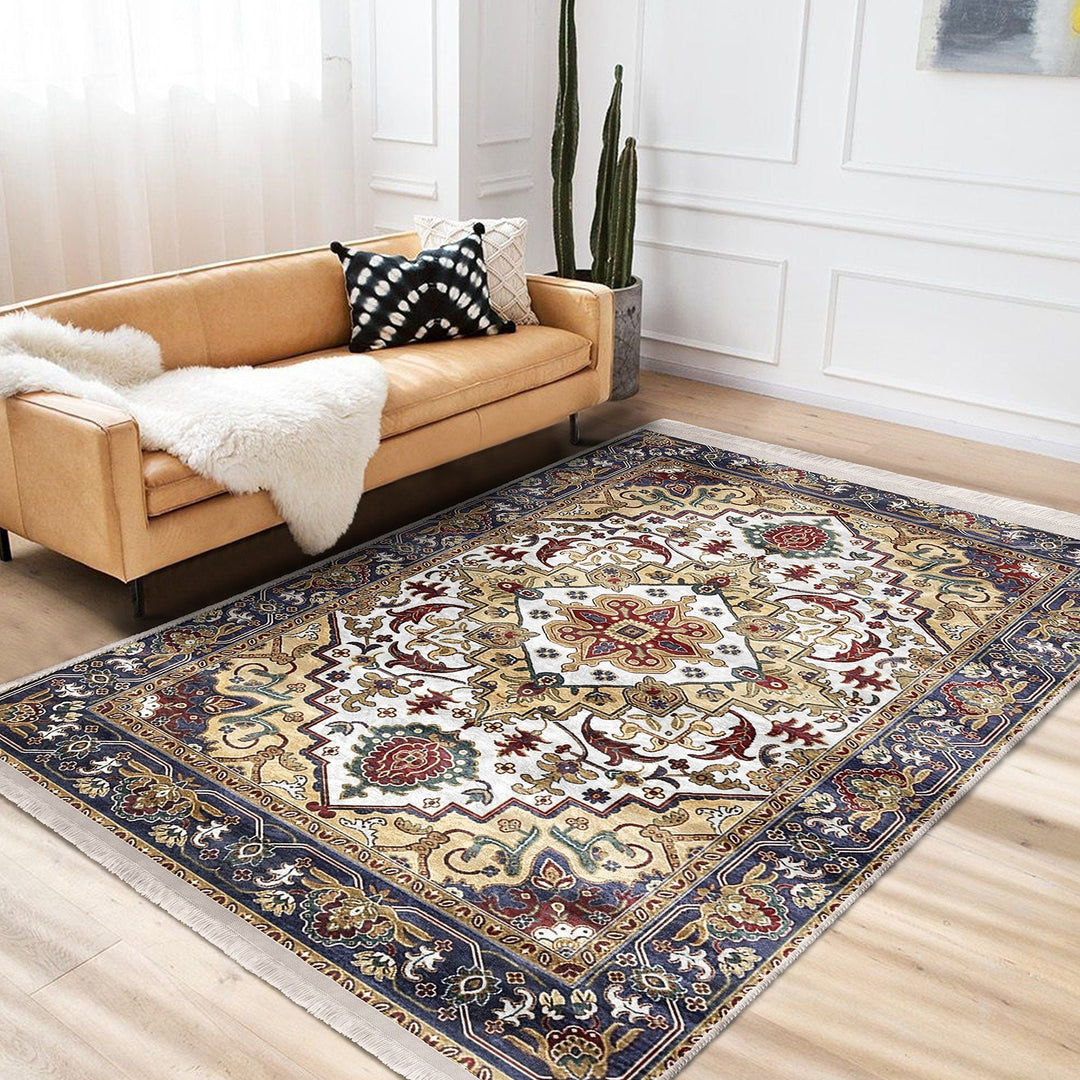 Hereke Pattern Rug|Farmhouse Ottoman Carpet|Machine-Washable Fringed Non-Slip Rug|Ethnic Multi-Purpose Anti-Slip Rustic Design Carpet