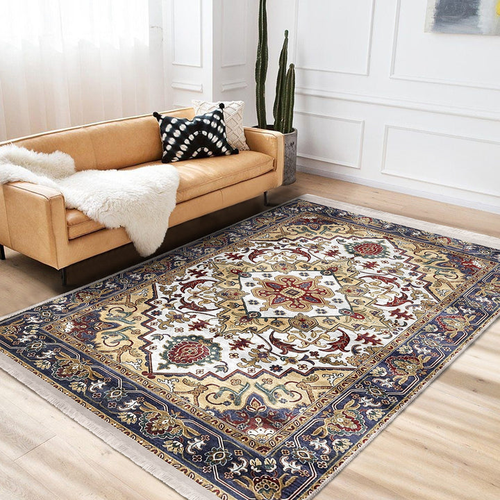 Hereke Pattern Rug|Farmhouse Ottoman Carpet|Machine-Washable Fringed Non-Slip Rug|Ethnic Multi-Purpose Anti-Slip Rustic Design Carpet