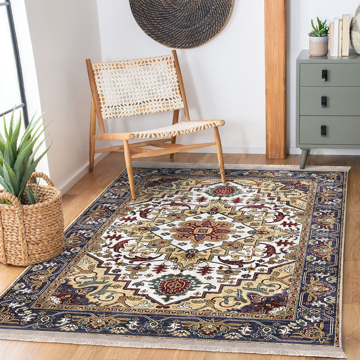 Hereke Pattern Rug|Farmhouse Ottoman Carpet|Machine-Washable Fringed Non-Slip Rug|Ethnic Multi-Purpose Anti-Slip Rustic Design Carpet