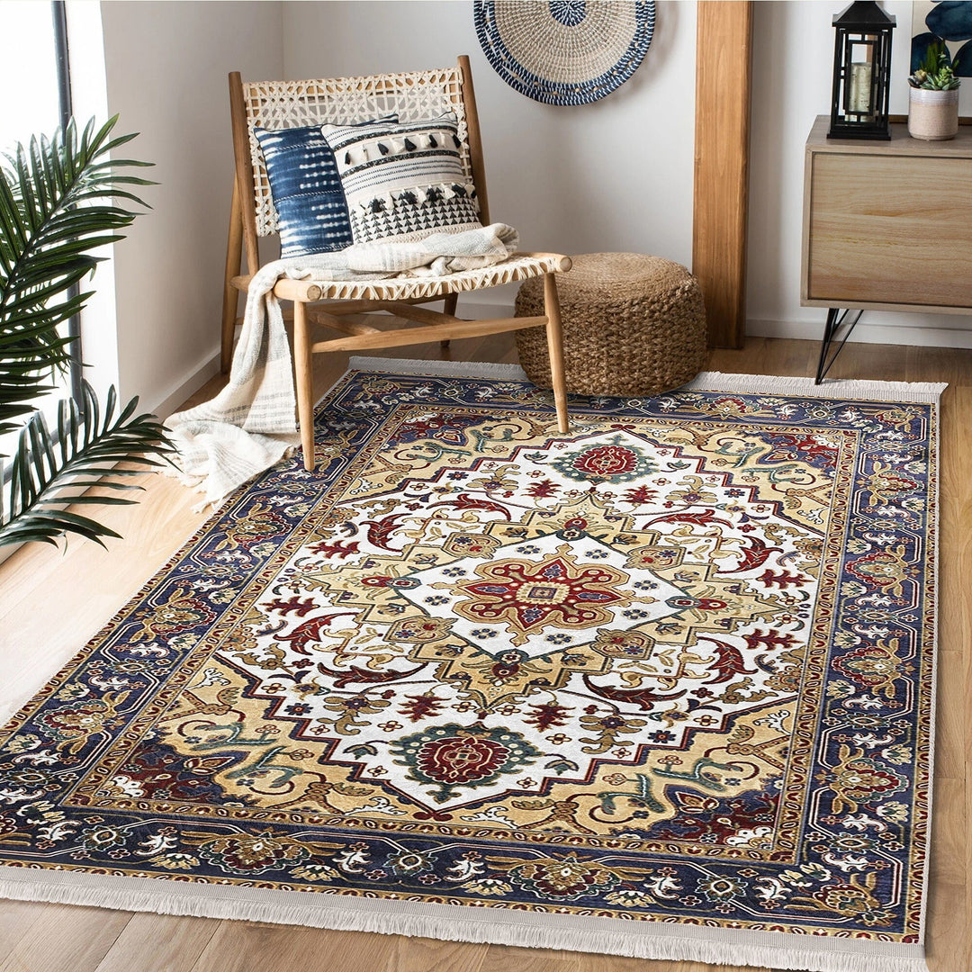 Hereke Pattern Rug|Farmhouse Ottoman Carpet|Machine-Washable Fringed Non-Slip Rug|Ethnic Multi-Purpose Anti-Slip Rustic Design Carpet