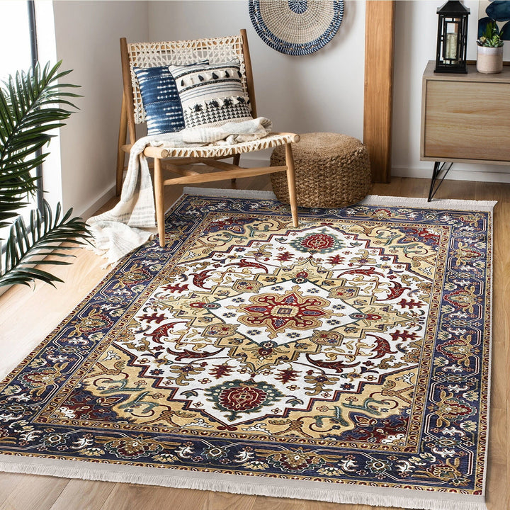 Hereke Pattern Rug|Farmhouse Ottoman Carpet|Machine-Washable Fringed Non-Slip Rug|Ethnic Multi-Purpose Anti-Slip Rustic Design Carpet