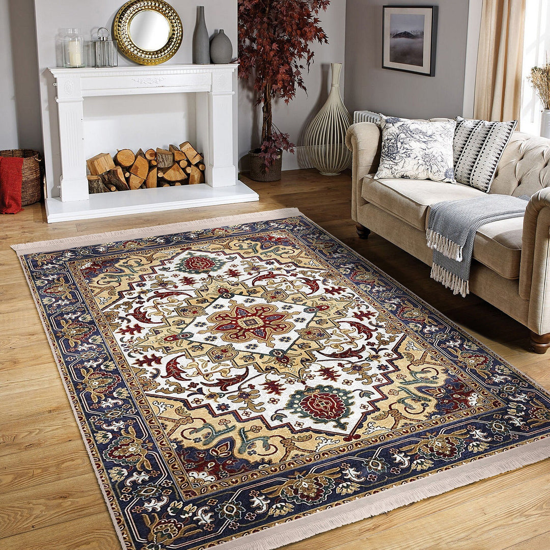 Hereke Pattern Rug|Farmhouse Ottoman Carpet|Machine-Washable Fringed Non-Slip Rug|Ethnic Multi-Purpose Anti-Slip Rustic Design Carpet
