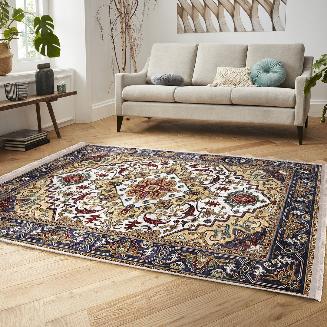 Hereke Pattern Rug|Farmhouse Ottoman Carpet|Machine-Washable Fringed Non-Slip Rug|Ethnic Multi-Purpose Anti-Slip Rustic Design Carpet