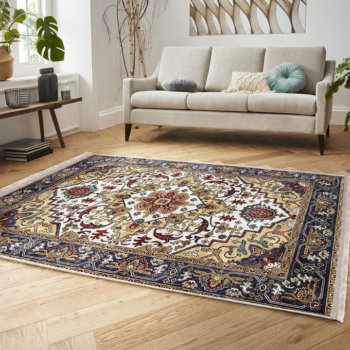 Hereke Pattern Rug|Farmhouse Ottoman Carpet|Machine-Washable Fringed Non-Slip Rug|Ethnic Multi-Purpose Anti-Slip Rustic Design Carpet
