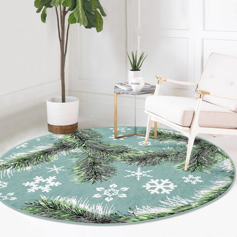 Winter Round Rug|Snowflake Non-Slip Rug|Pine Tree Needles|Christmas Circle Rug|Plant Home Decor|Xmas Floor Carpet|Multi-Purpose Mat