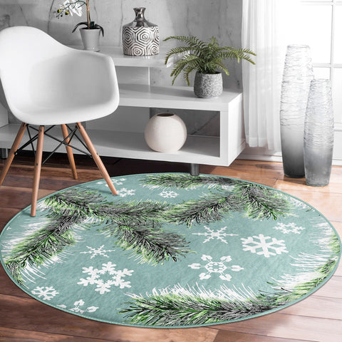 Winter Round Rug|Snowflake Non-Slip Rug|Pine Tree Needles|Christmas Circle Rug|Plant Home Decor|Xmas Floor Carpet|Multi-Purpose Mat
