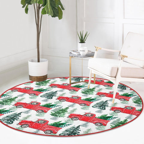 Christmas Circle Rug|Red Truck Carpet|Pine Tree Floor Mat|Xmas Area Carpet|Round Xmas Rug|Circle Non-Slip Rug|Farmhouse Carpet|Winter Decor