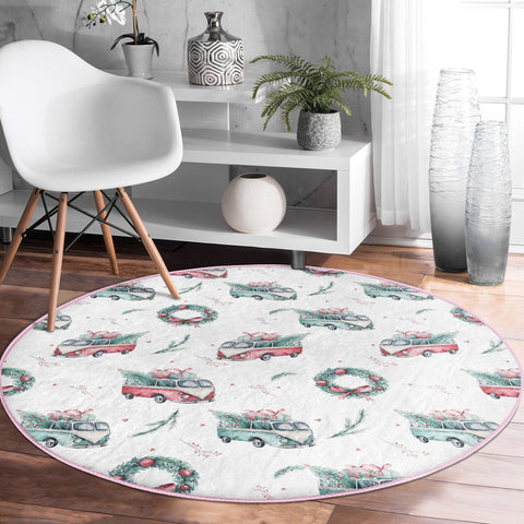 Christmas Circle Rug|Red Truck Carpet|Pine Tree Floor Mat|Xmas Area Carpet|Round Xmas Rug|Circle Non-Slip Rug|Farmhouse Carpet|Winter Decor