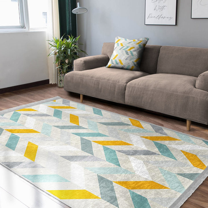 Modern Motif Rug|Boho Style Carpet|Machine-Washable Fringed Non-Slip Rug|Stylish Multi-Purpose Anti-Slip Carpet|Geometric Living Room Rug