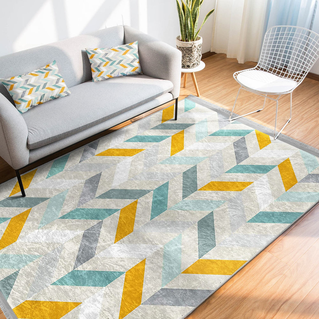 Modern Motif Rug|Boho Style Carpet|Machine-Washable Fringed Non-Slip Rug|Stylish Multi-Purpose Anti-Slip Carpet|Geometric Living Room Rug