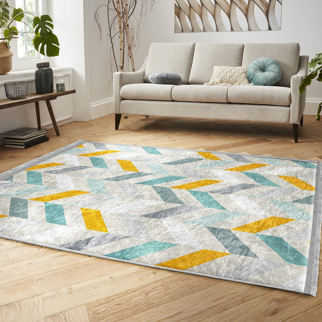 Modern Motif Rug|Boho Style Carpet|Machine-Washable Fringed Non-Slip Rug|Stylish Multi-Purpose Anti-Slip Carpet|Geometric Living Room Rug